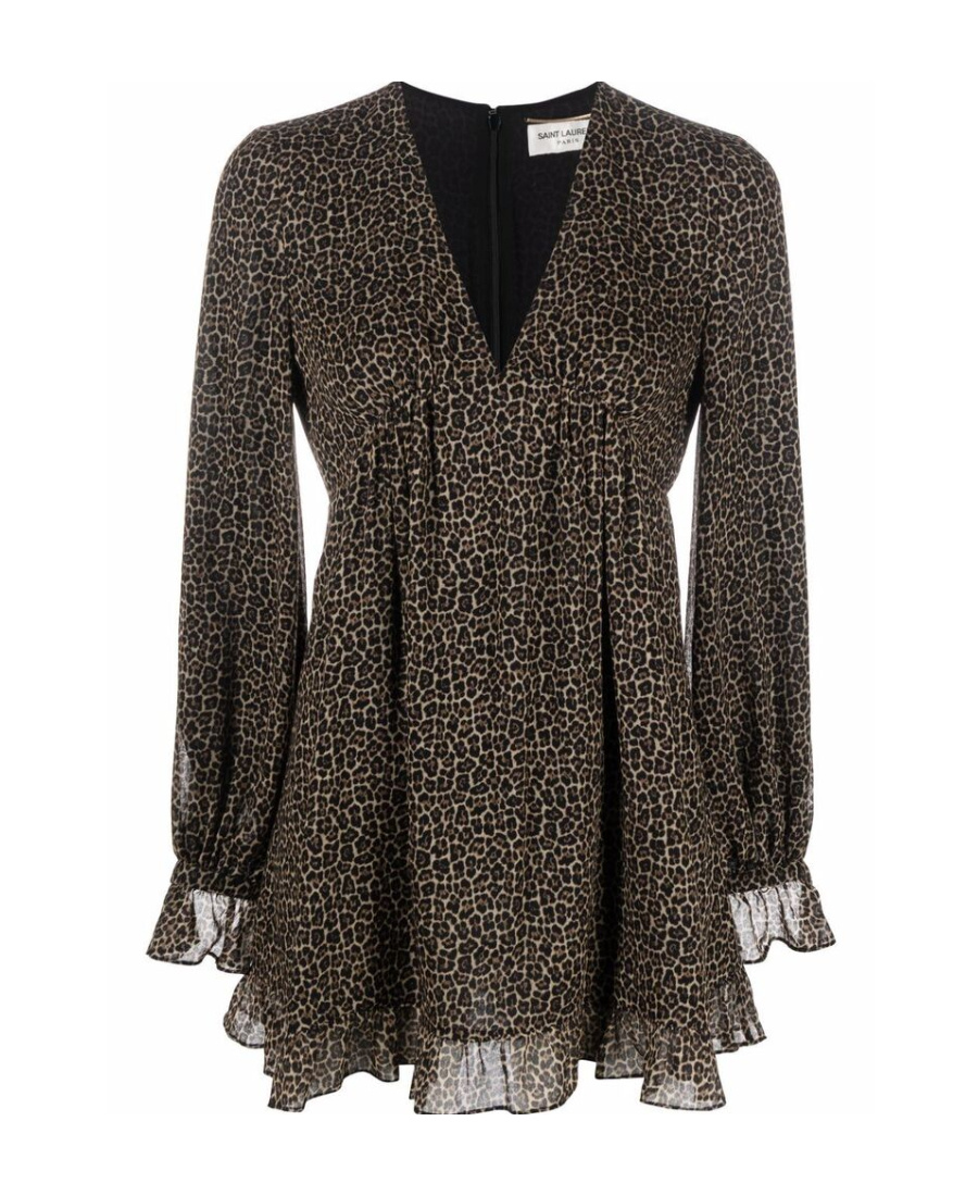Saint Laurent Leopard-print Short Dress In Black