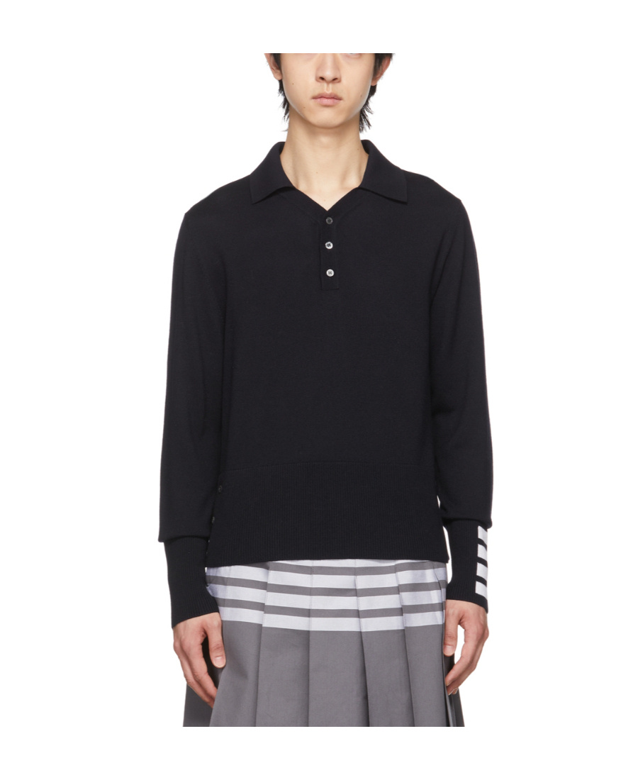 Thom Browne Long Sleeve Polo W/ 4bar Cuff In Fine Merino Wool In Black