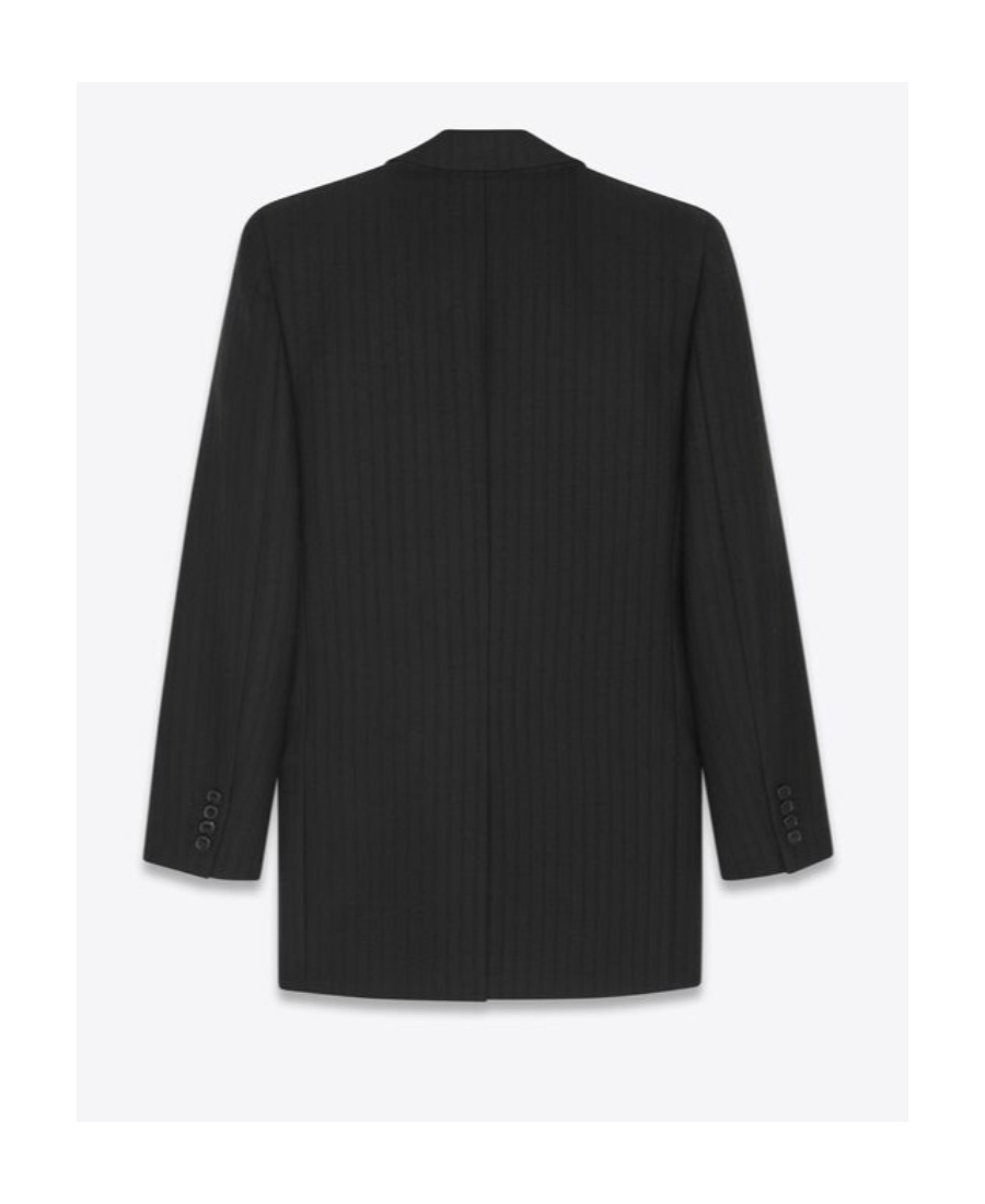 Saint Laurent Double-breasted Oversized Jacket In Striped Wool In Black