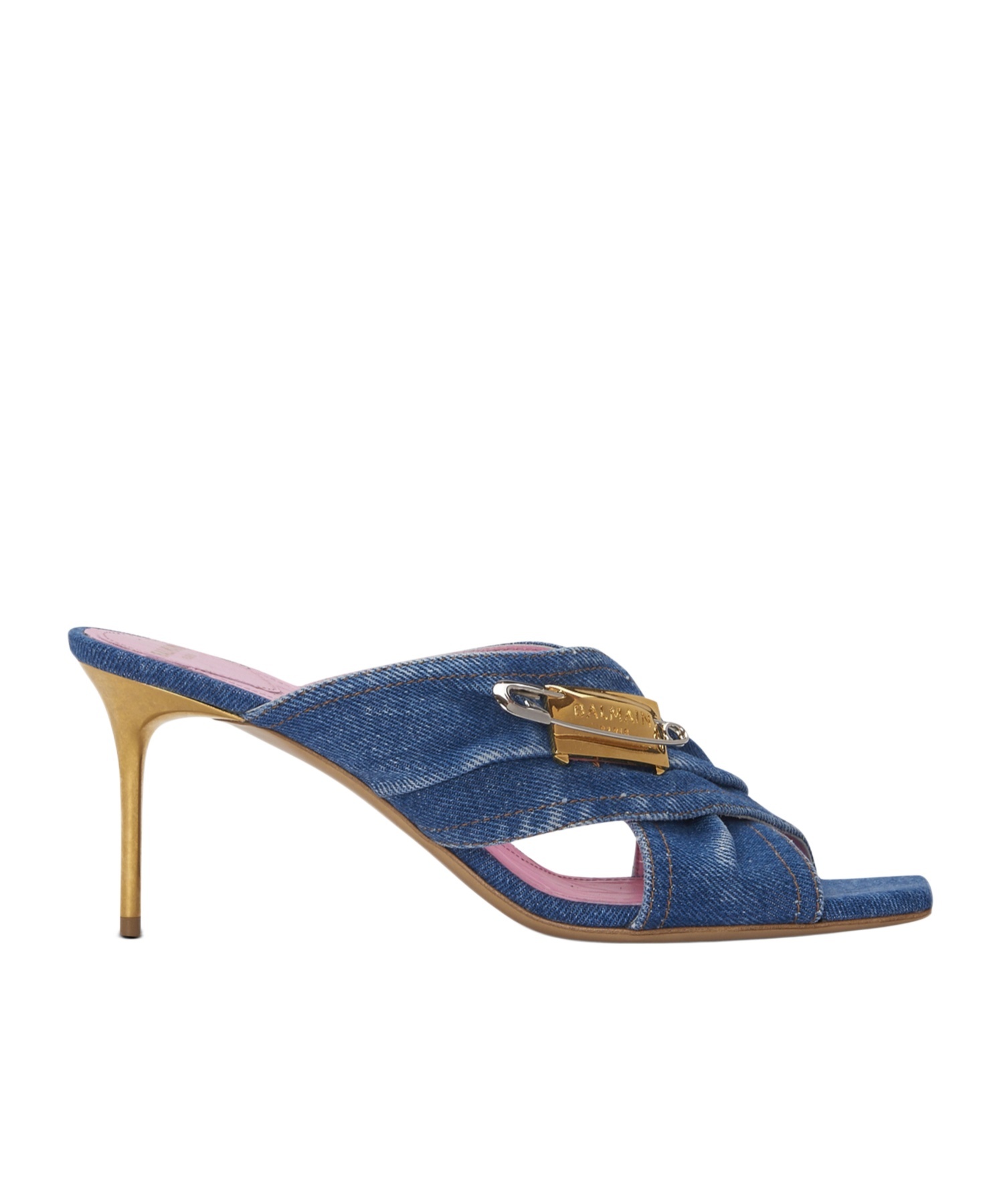 Balmain Mule Safety Pin-denim In Blue