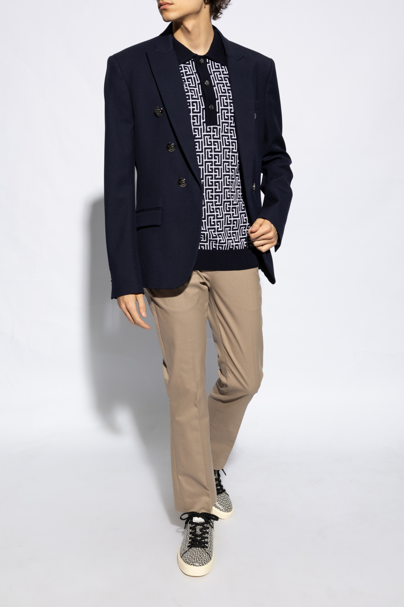 Balmain Monogram Pattern Polo With Classic Collar In Black