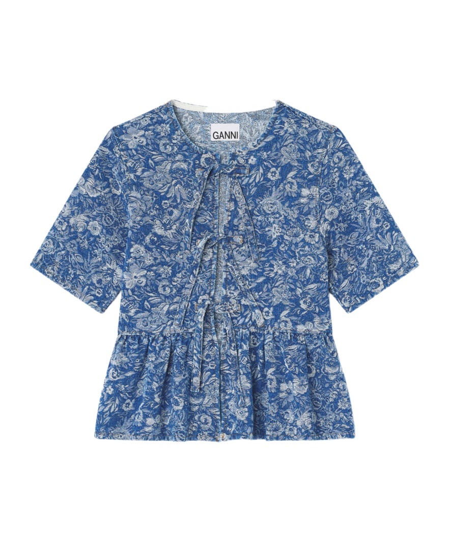 Ganni Blue Tapestry Peplum Blouse In Blue