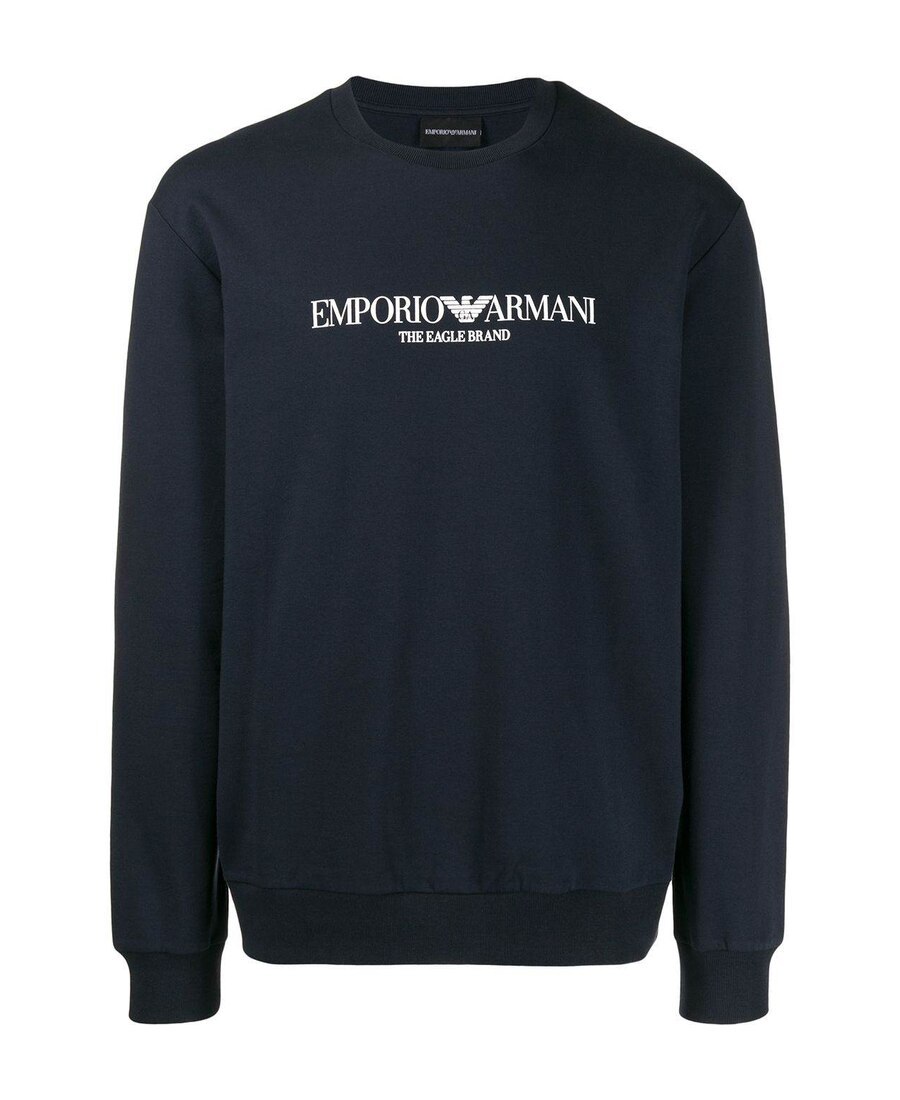 Emporio Armani Blue Crewneck Sweatshirt With Maxi Logo Lettering On The Front In Cotton Blend Stretch Man In Black
