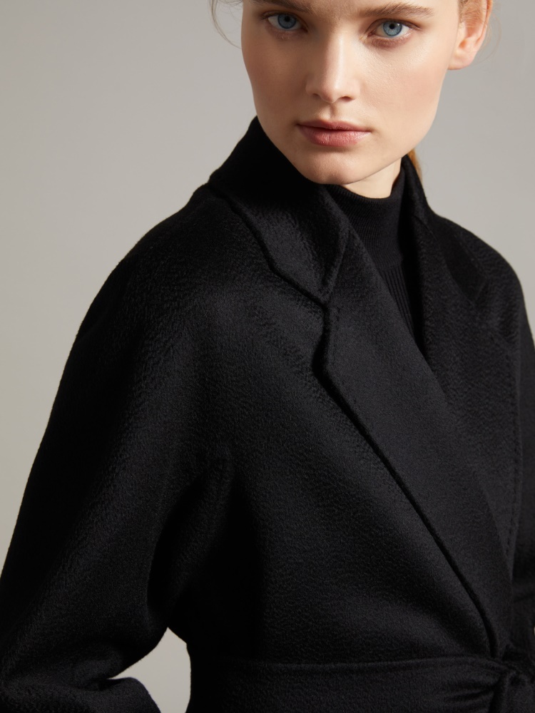 Max Mara Black Belted Long Coat With Notched Collar And Smooth Finish In Black