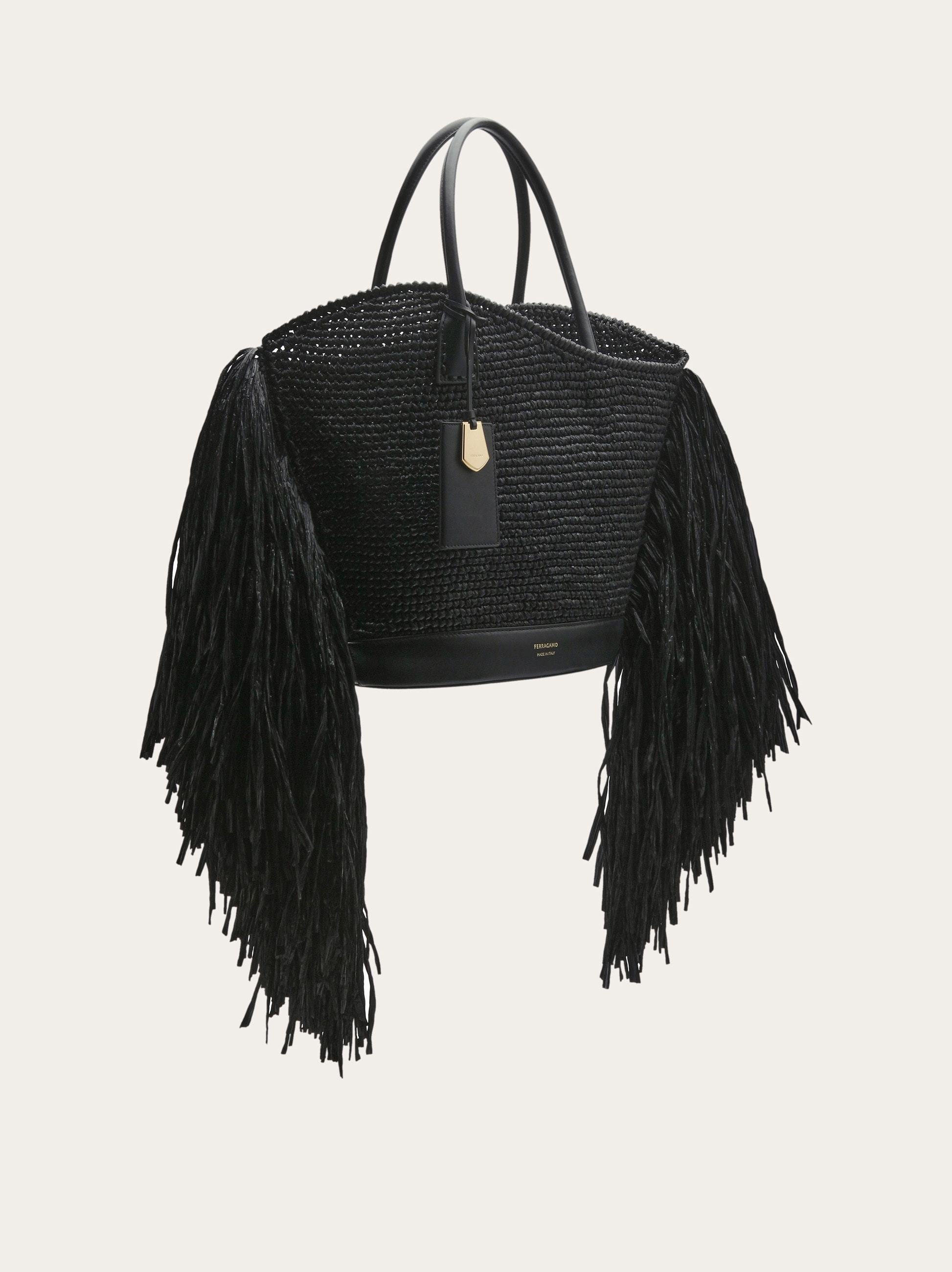 Ferragamo Fringed Raffia Tote Bag In Black