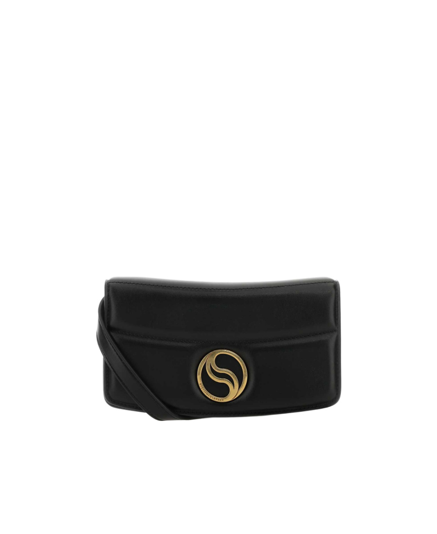 Stella Mccartney S-wave Logo Plaque Padded Wallet On Strap In Black