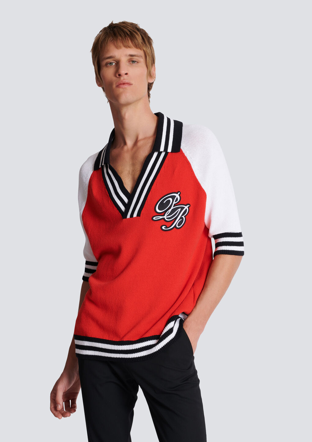 Balmain Signature Knitted Polo Top In Red