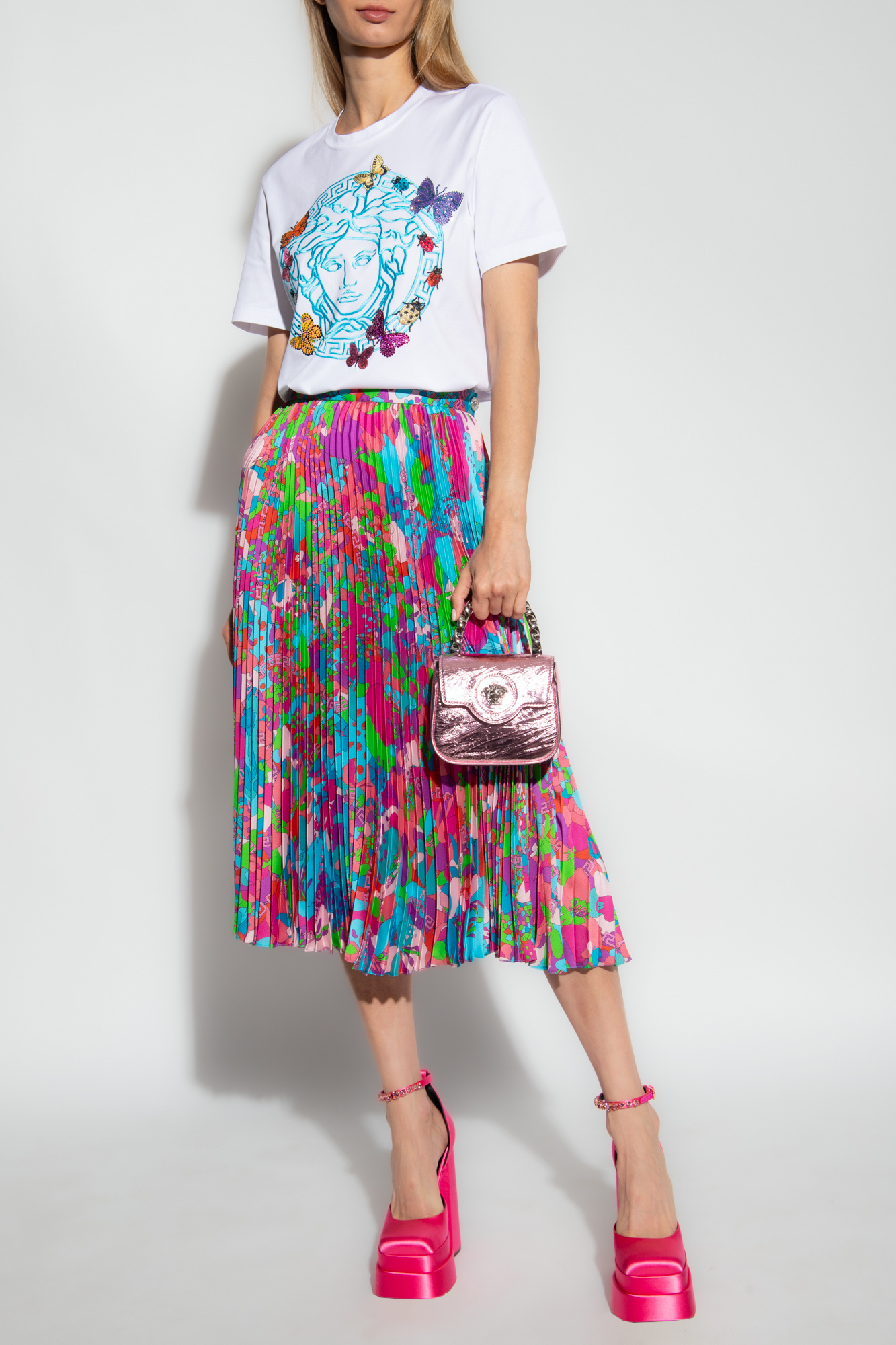 Versace Murakami Print Twill Pleated Midi Skirt In Pink