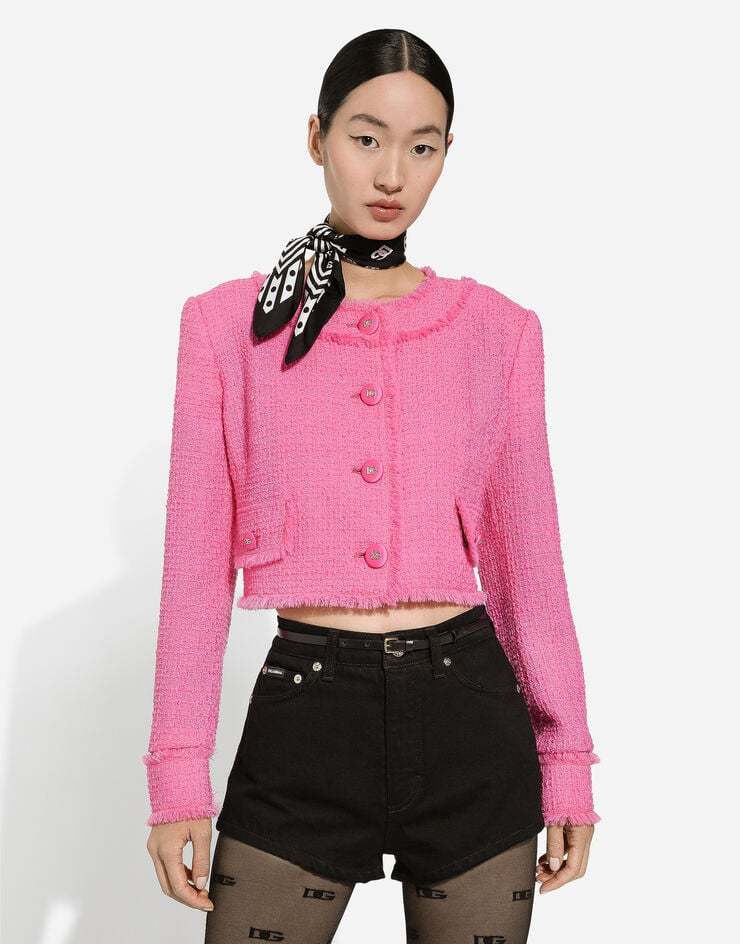 Dolce & Gabbana Rachel Collarless Crop Tweed Jacket In Pink