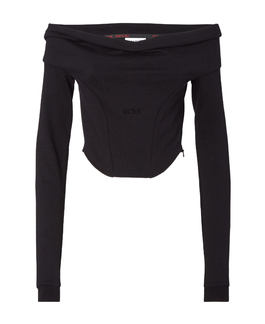 Gcds Off-shoulder Cropped Sweatshirt In Black