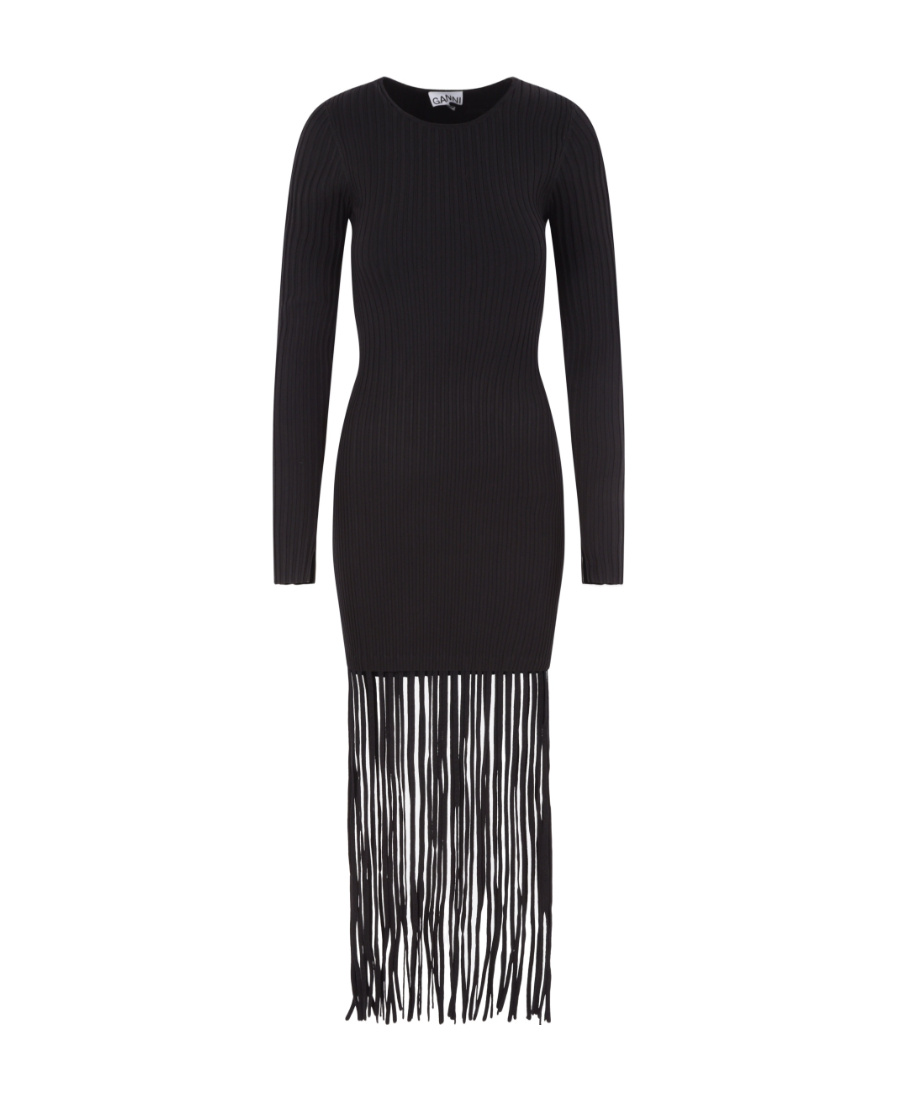 Shop Ganni Black Melange Knit Fringe Mini Dress