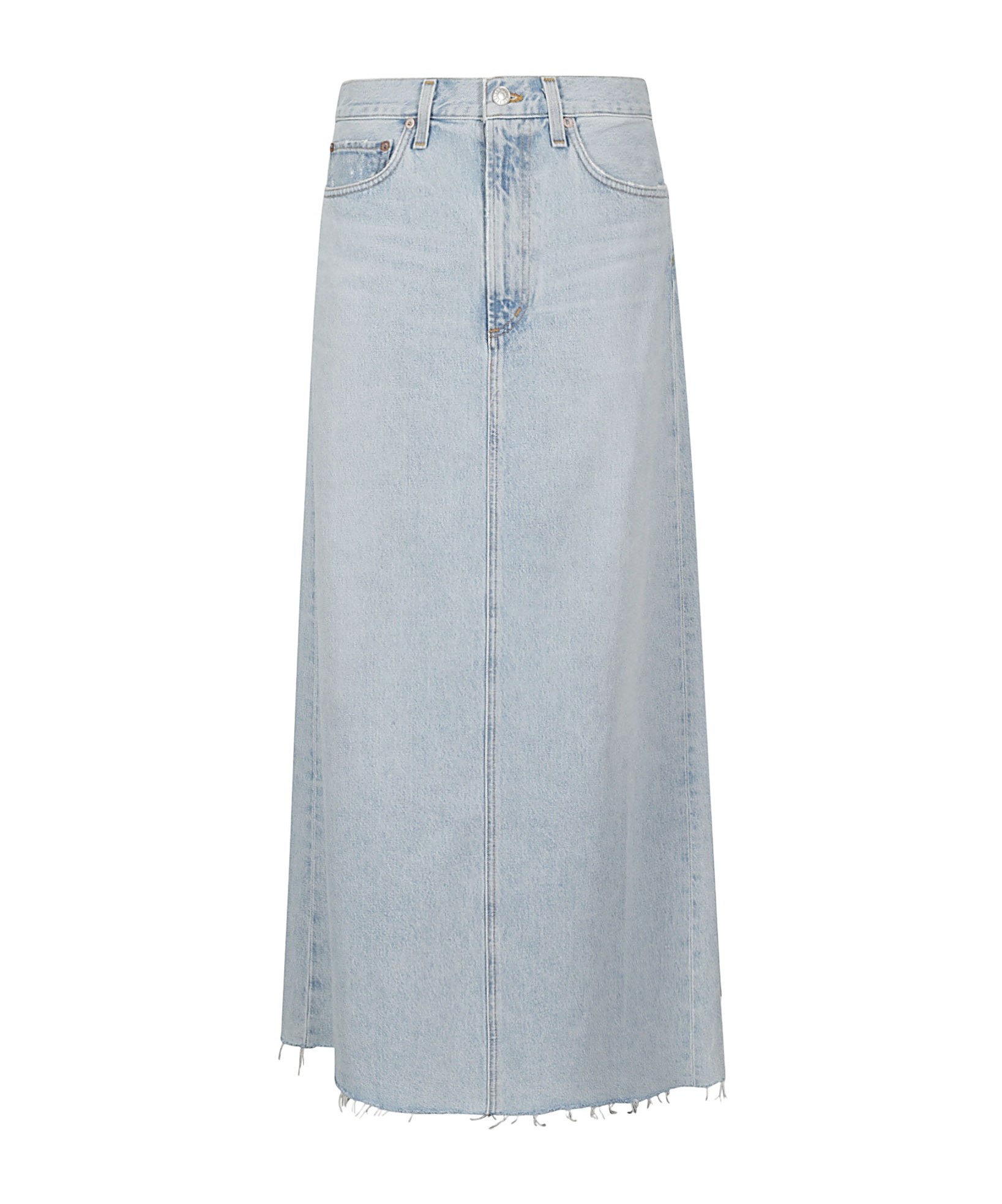 AGOLDE AGOLDE MID-RISE FRAYED EDGE DENIM SKIRT