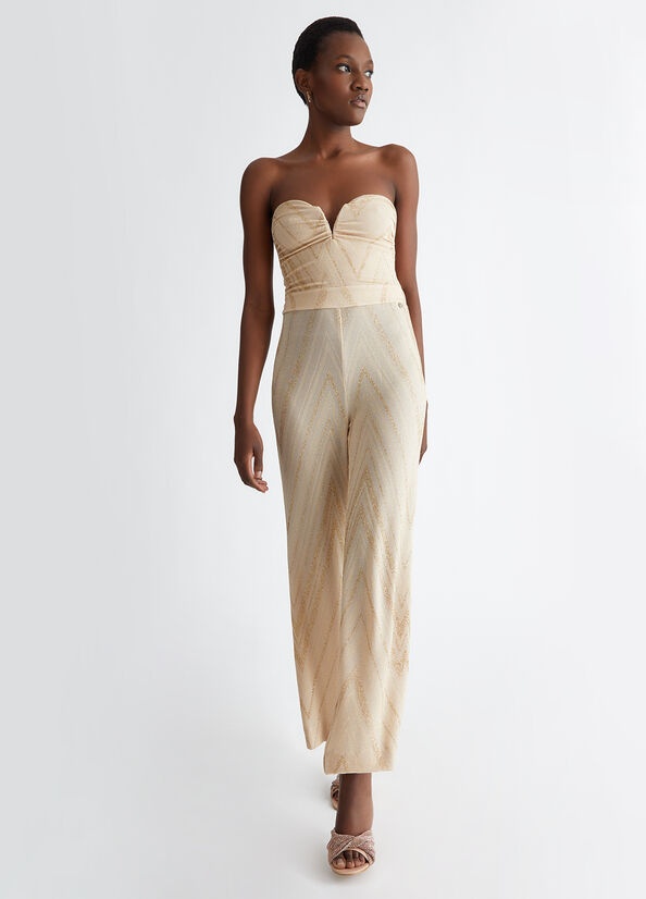Liu •jo Chevron-pattern Jumpsuit In Nude