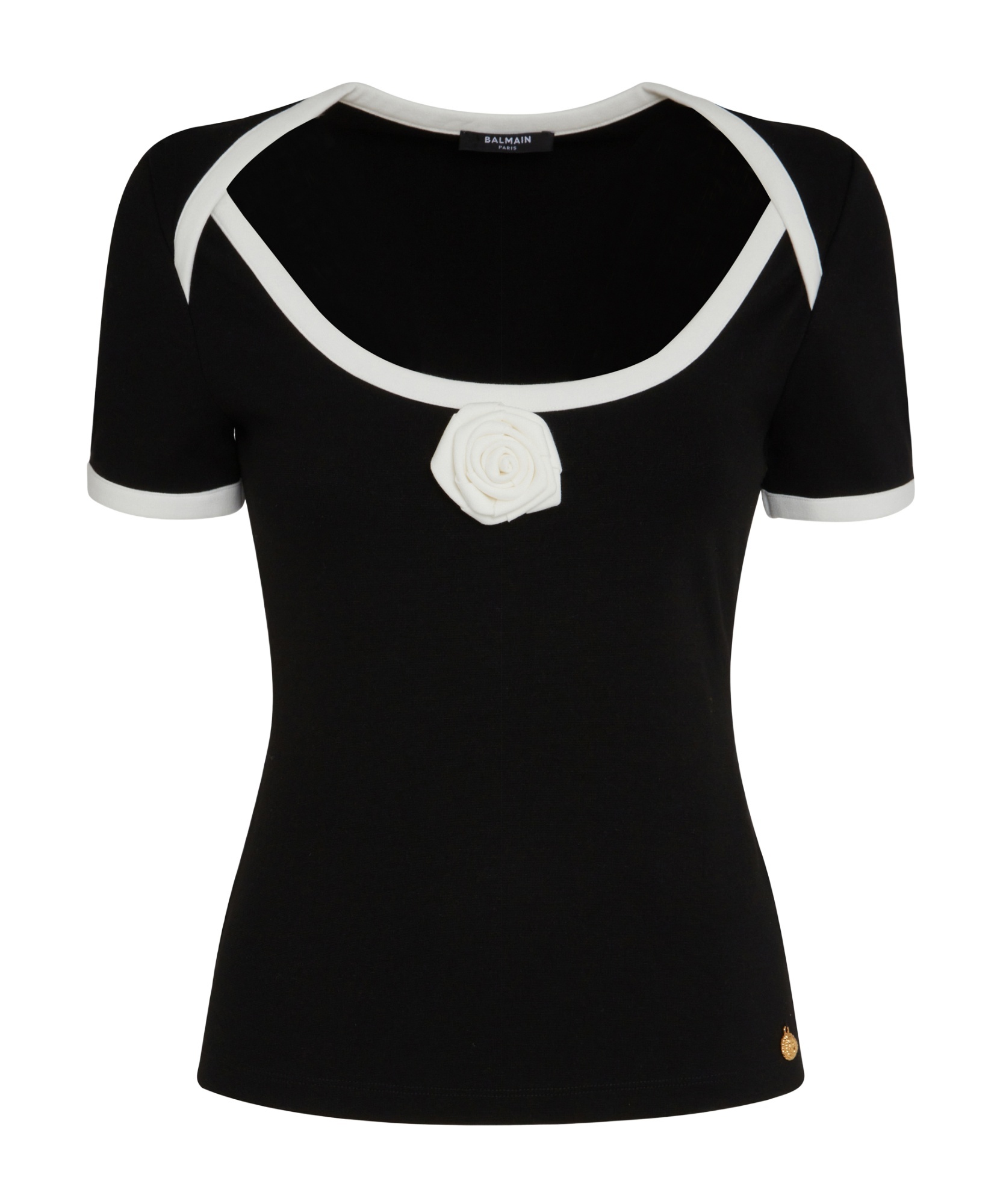 Shop Balmain Floral-appliqué Contrasting Top In Black