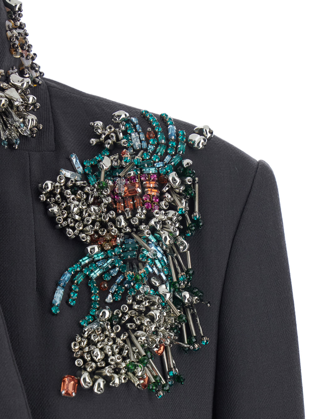 Dries Van Noten Women Grey Jacket With High Collar And Rhinestone Details In Wool Woman In Gray