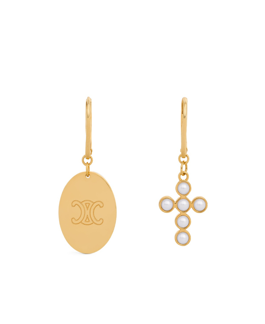 Celine Triomphe Folk Logo Earrings In Yellow