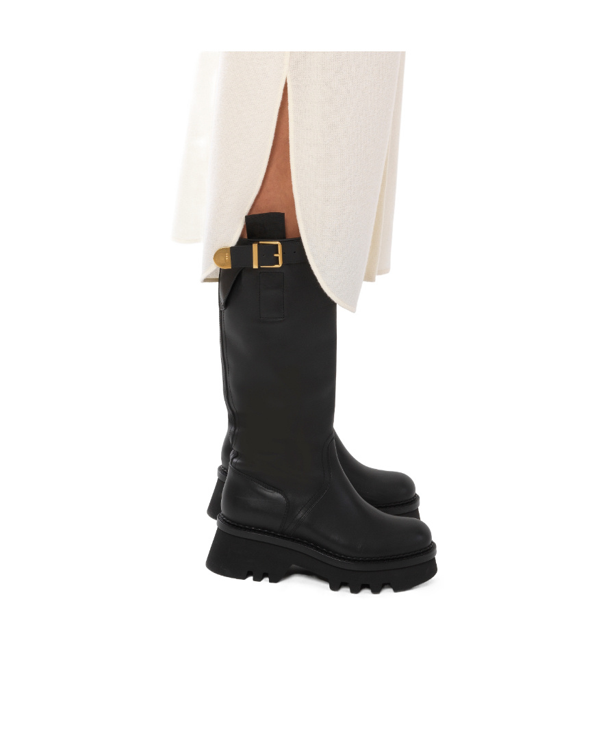 Chloé Leather Knee-high Boots With Buckle Detail And Tank Sole In Black