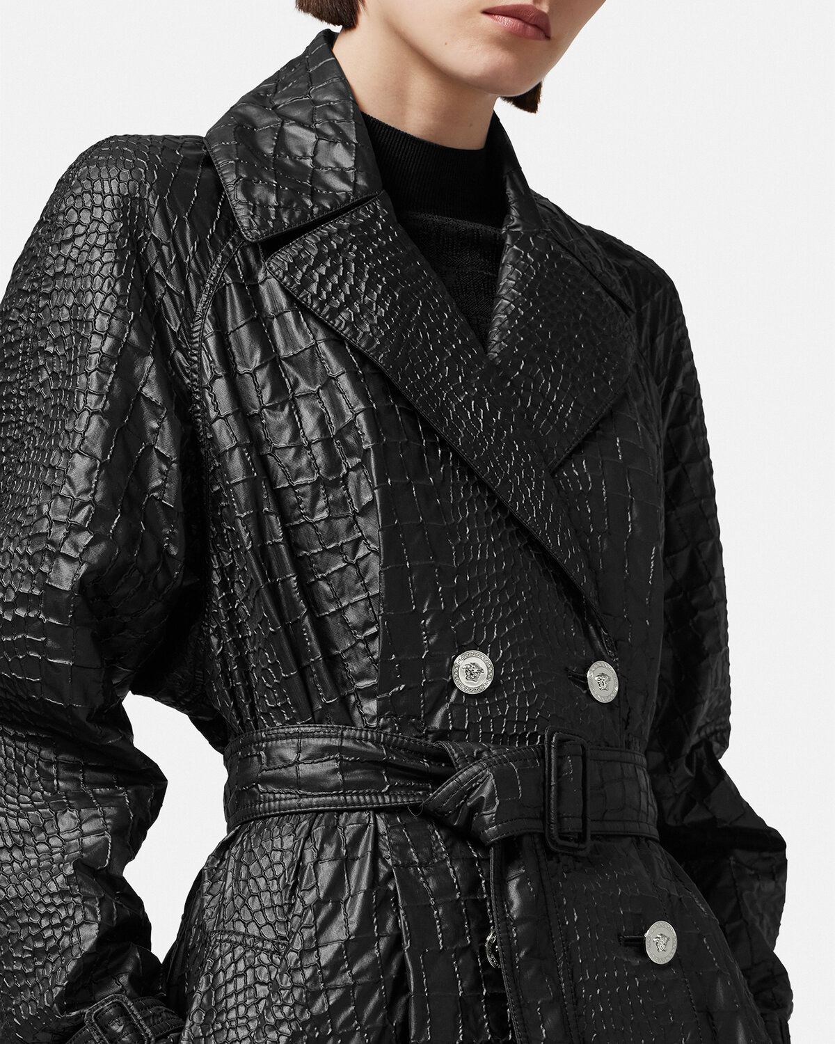 Versace Belted Techno Lacquered Crocodile-coquet Trench Coat In Black