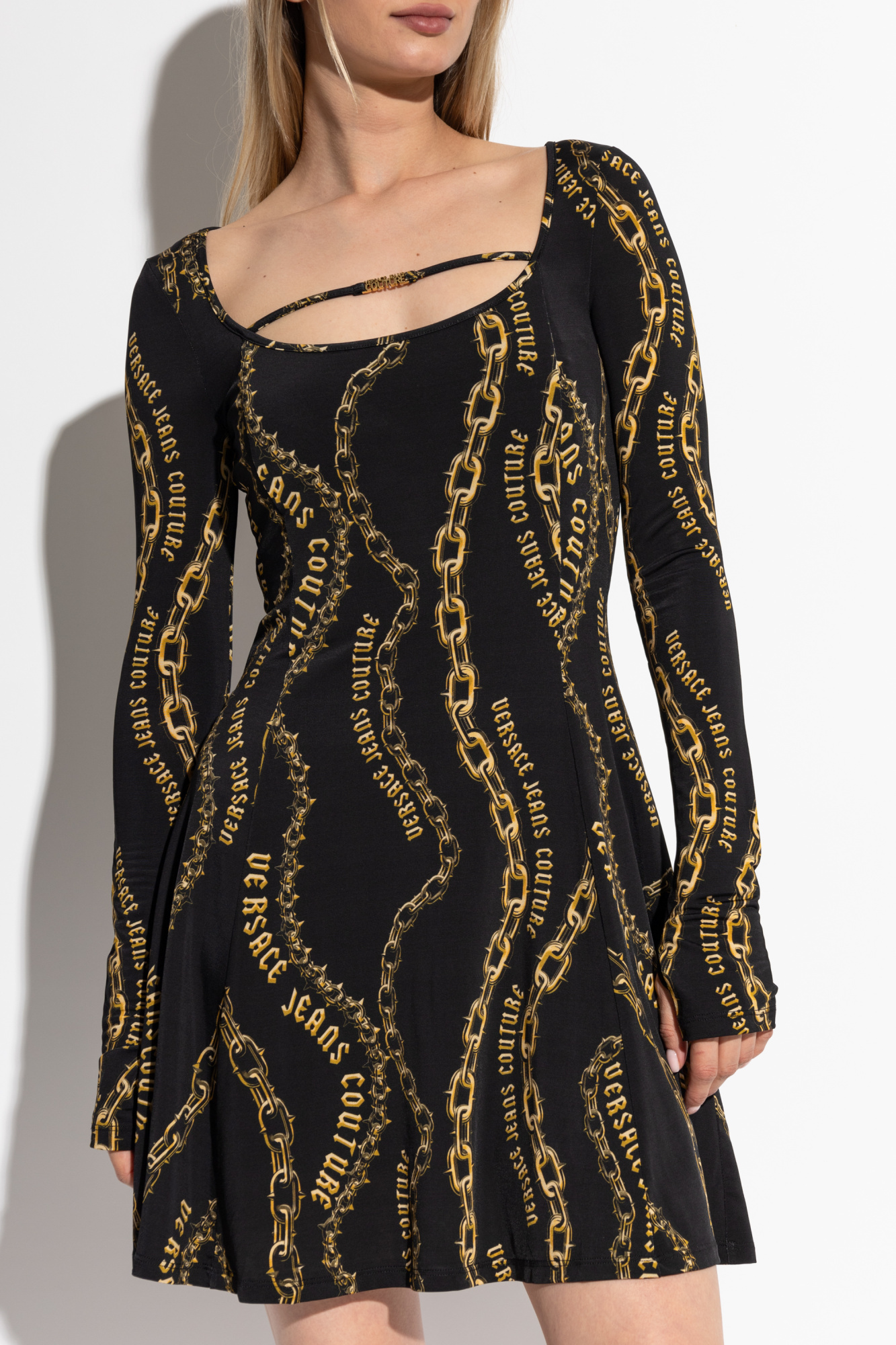 Versace Jeans Chain-link Print Mini Dress In Black