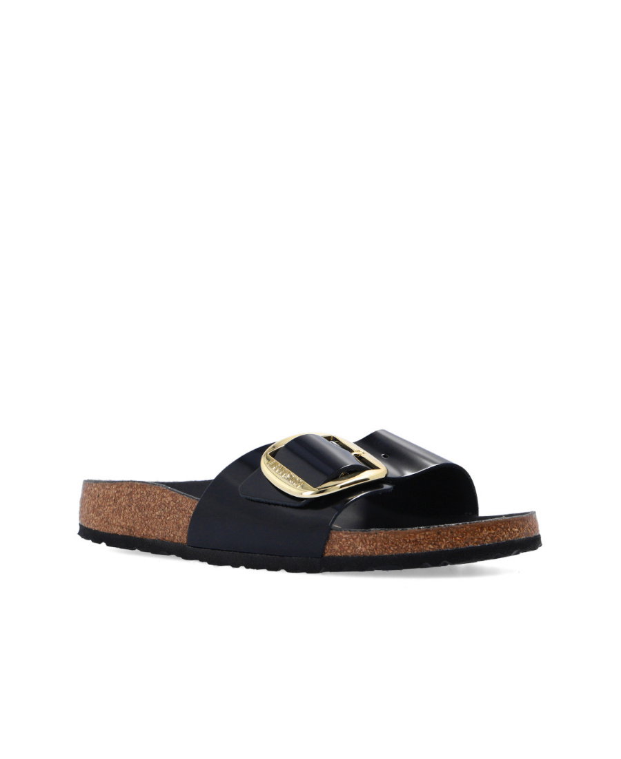 Birkenstock Madrid Slide In Lacquered Leather With Large Buckle In Black
