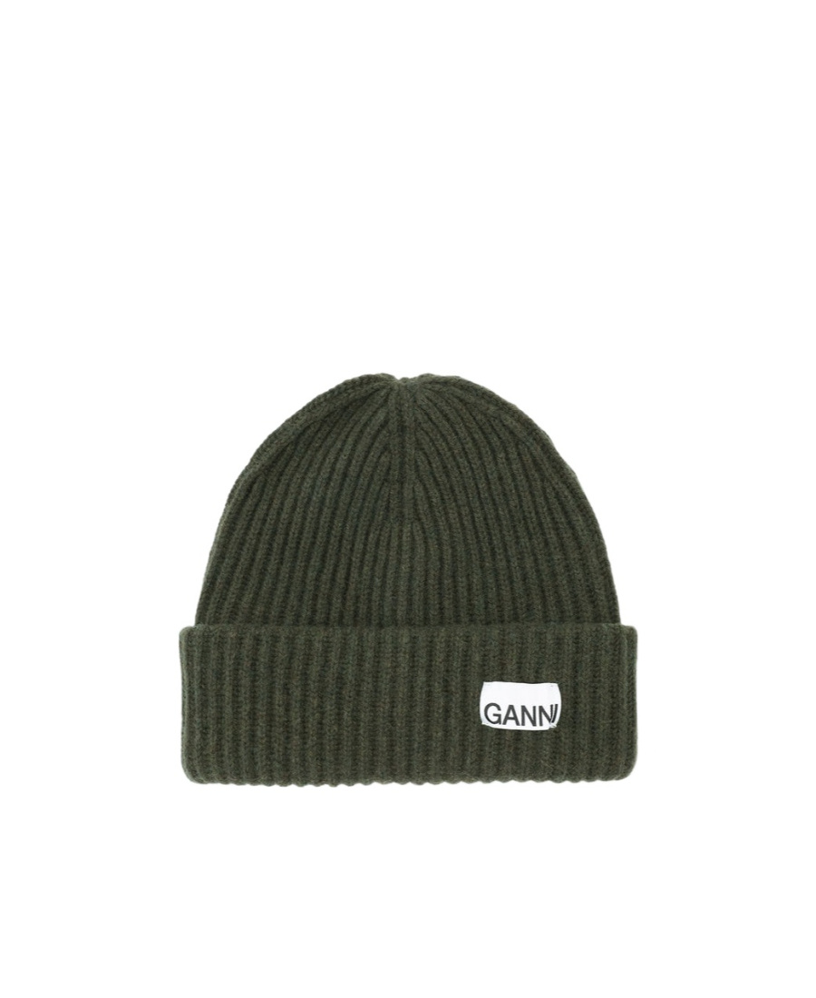 Ganni Loose Wool Rib Knit Beanie In Green