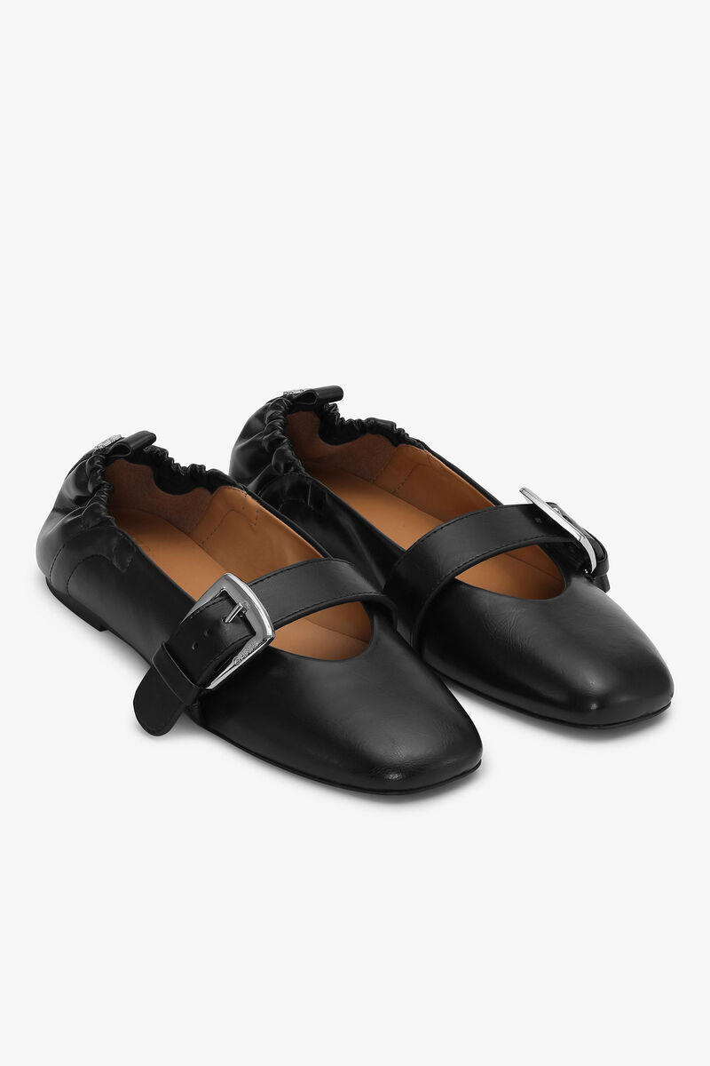 Ganni Buckle Strap Ballerinas With Rounded Square Toe In Blue