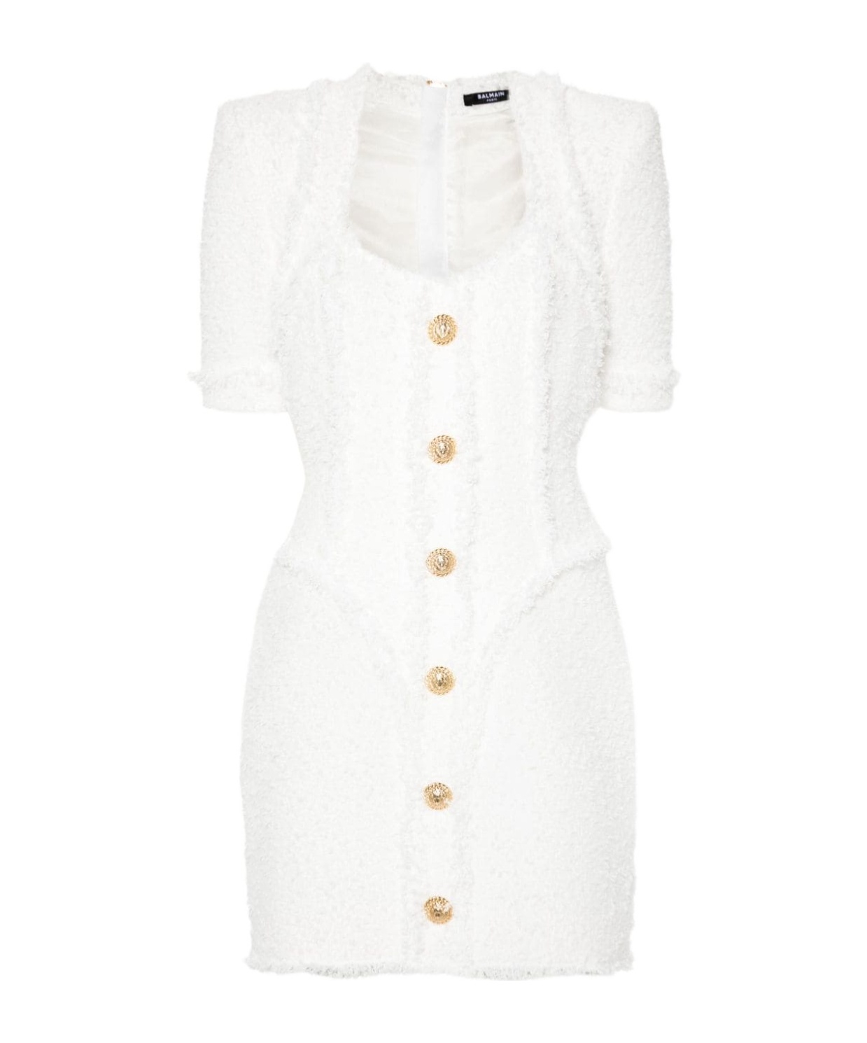 Balmain Embossed Button Short Dress In White