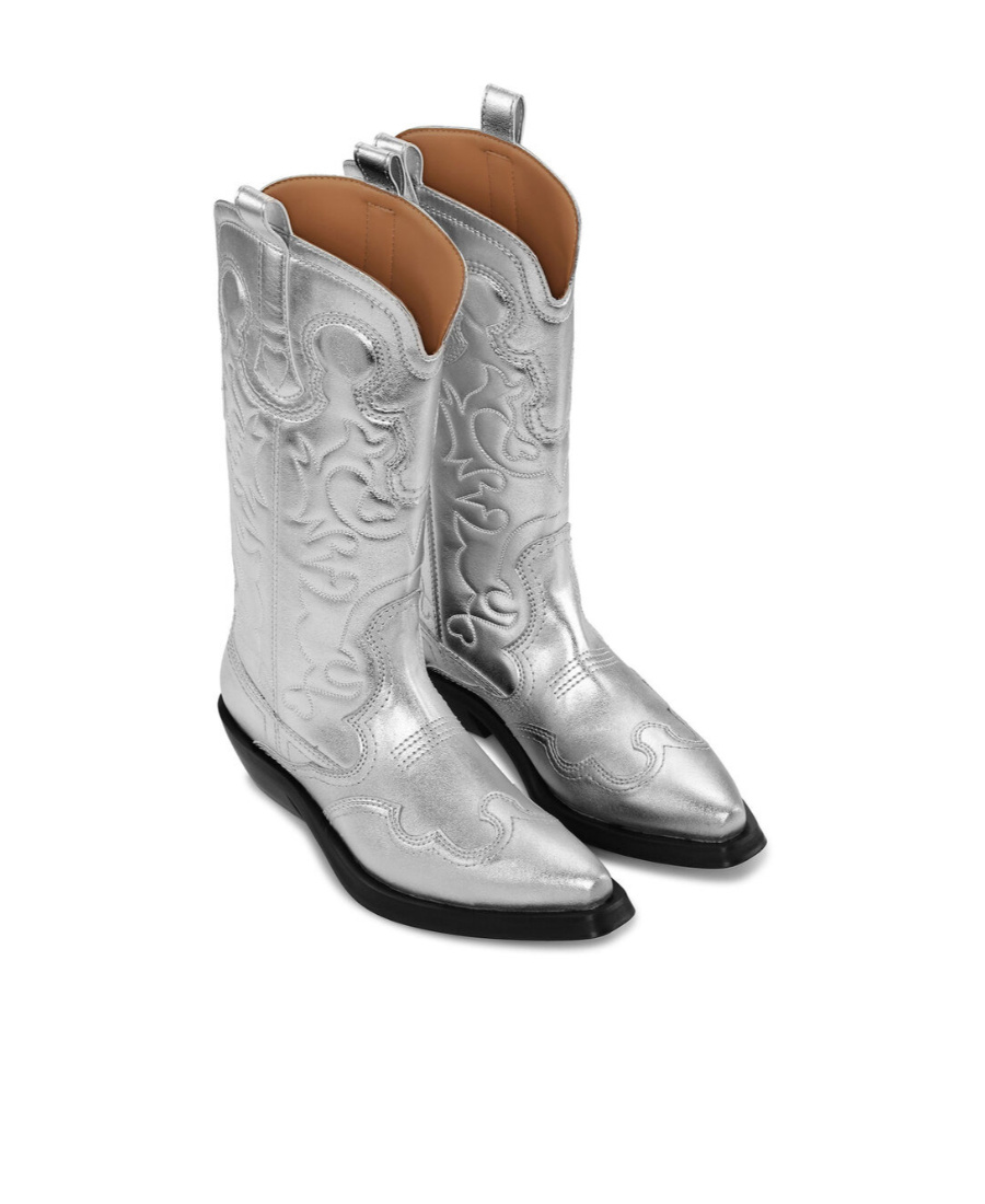 Shop Ganni Silver Mid Shaft Embroidered Western Boots In White