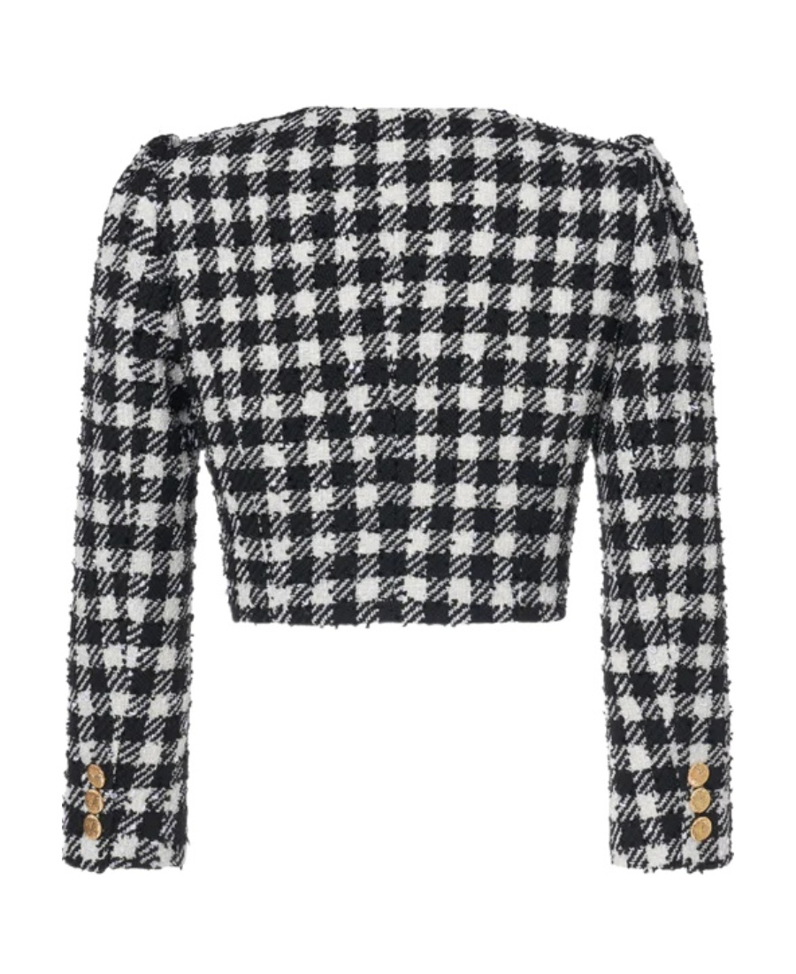 Alessandra Rich Vichy Cropped Tweed Jacket In Black