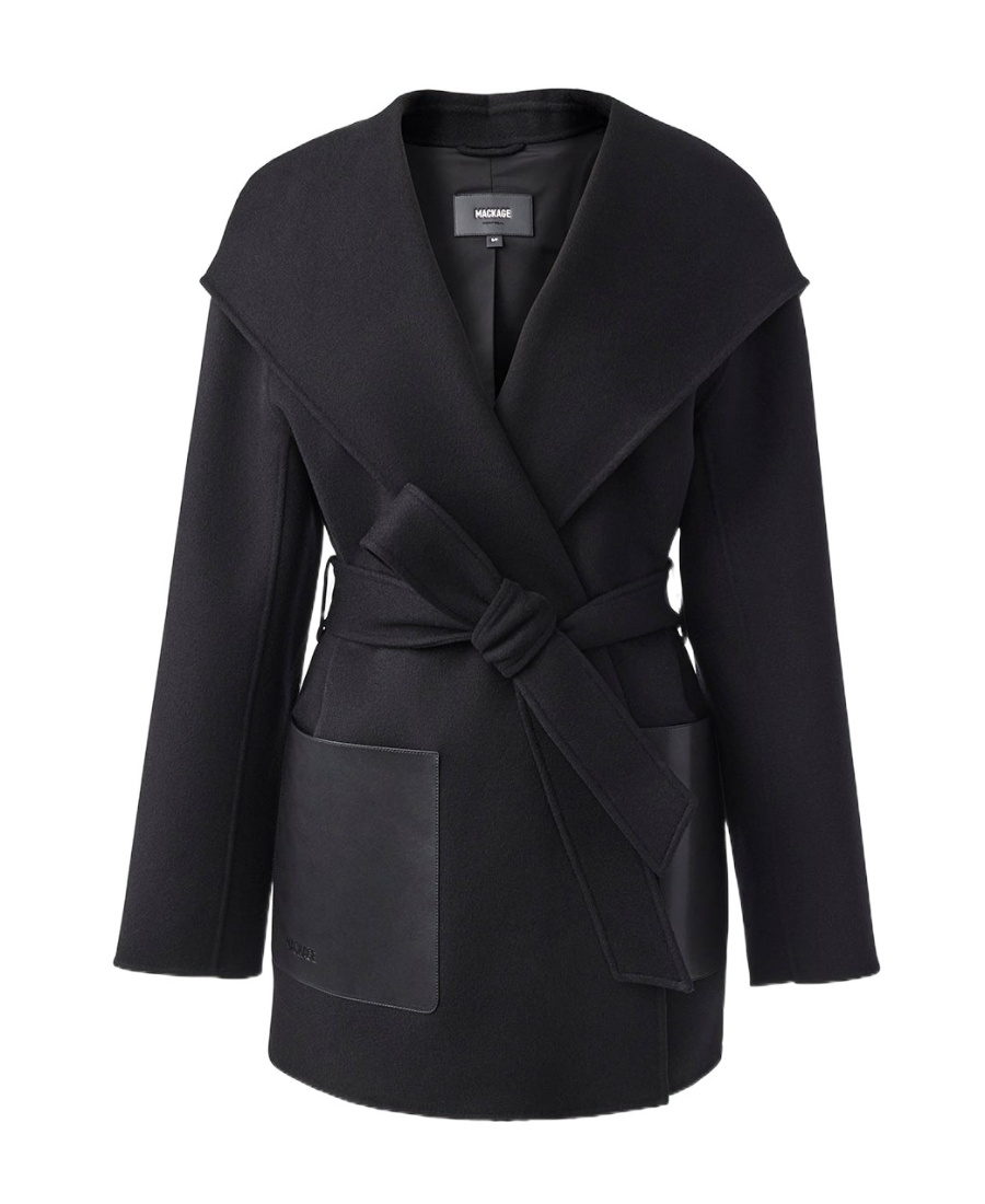 Mackage Leather-pockets Wool Hooded Coat In Black
