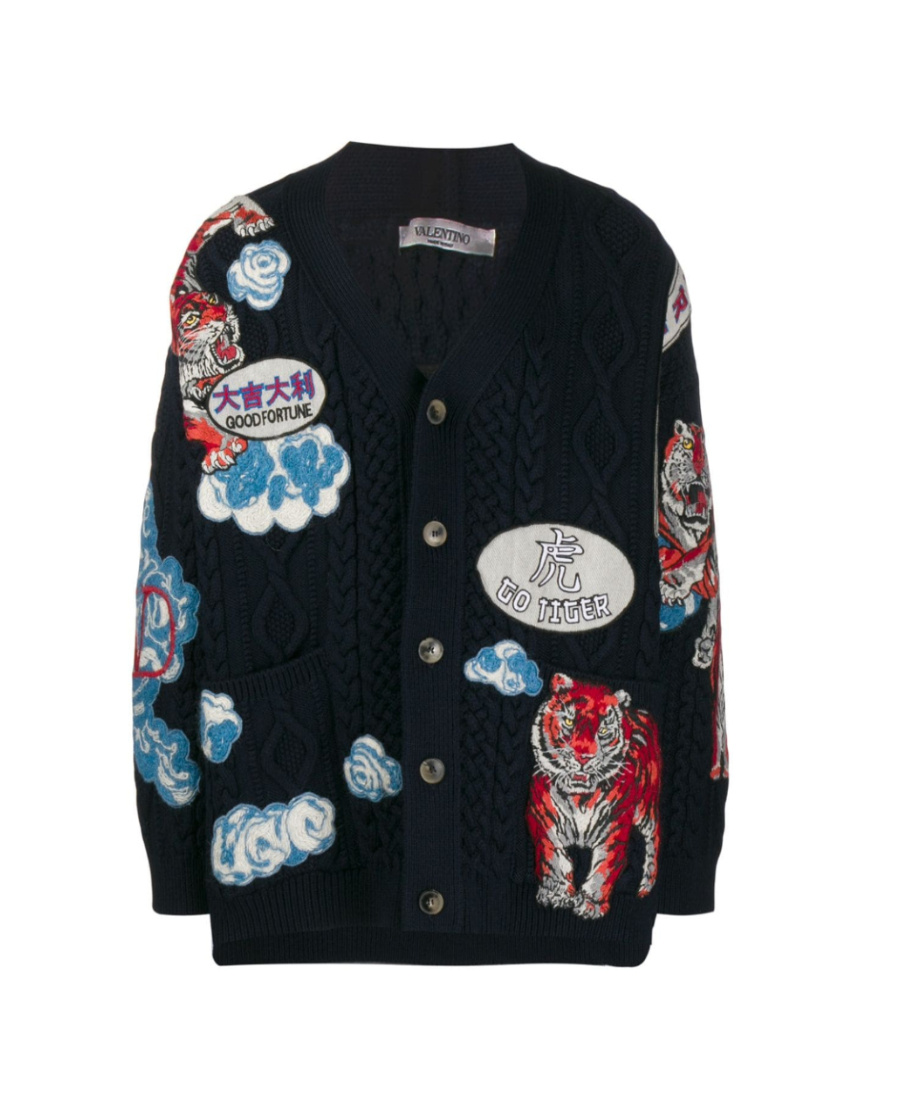 Valentino Tiger Embroidered Cardigan In Black