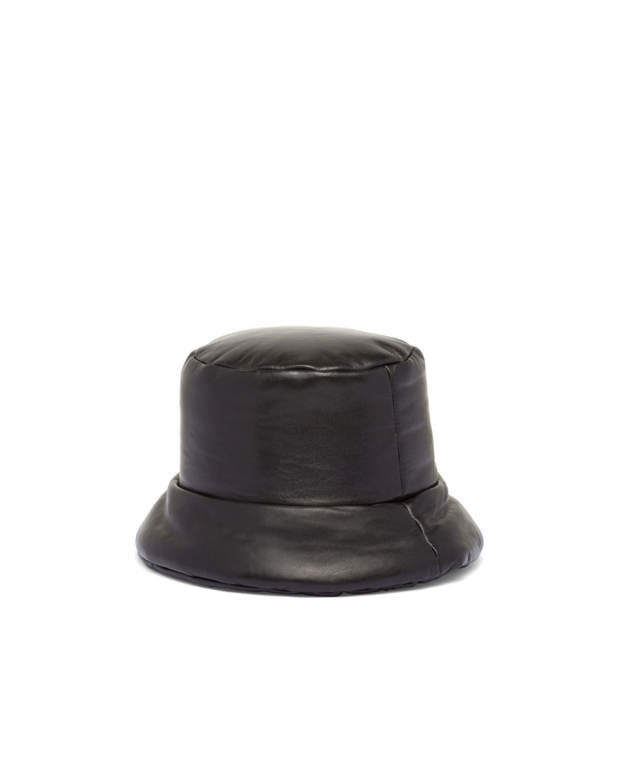 Prada Enamelled-logo Nappa Leather Bucket Hat In Black