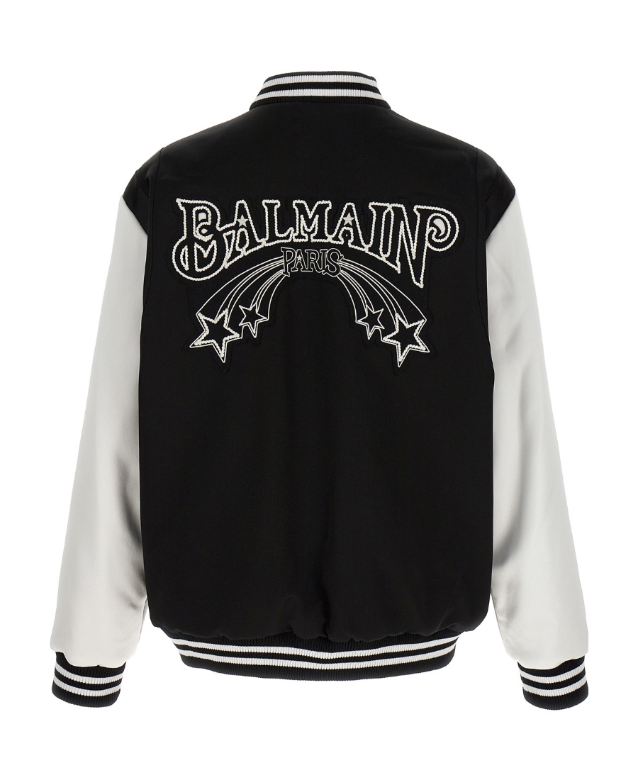 Balmain Embroidered Badges Satined Varsity Casual Jackets, Parka White/black In Black