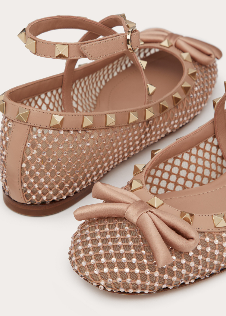 Valentino Rockstud Mesh Ballerina With Crystals In Nude