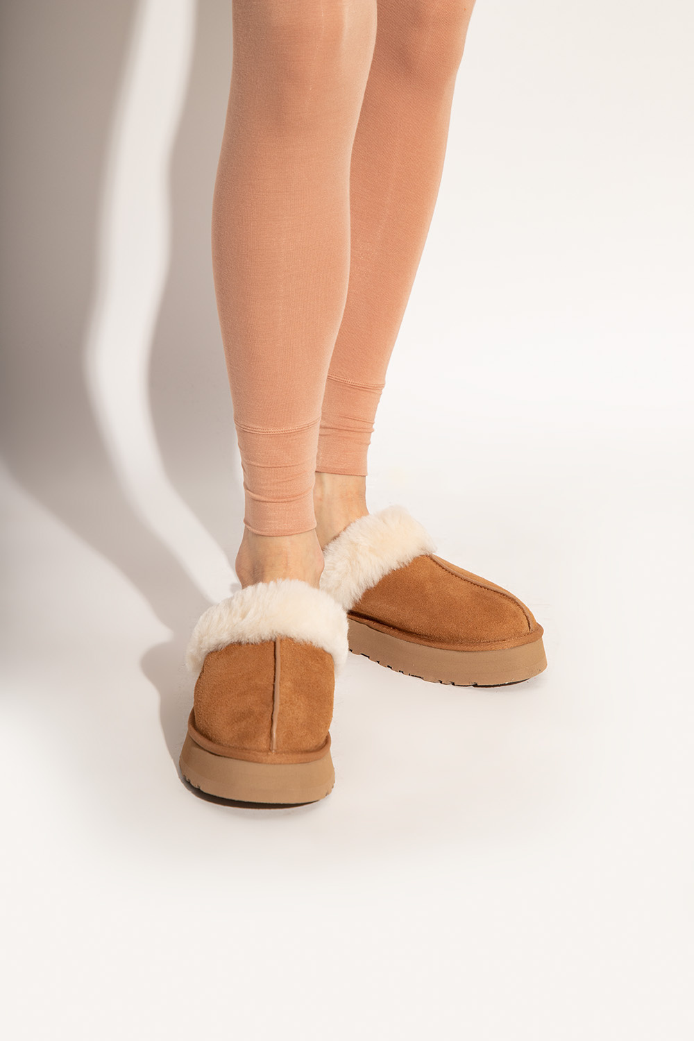 Shop Ugg Disquette Shearling Platform Slippers In Brown