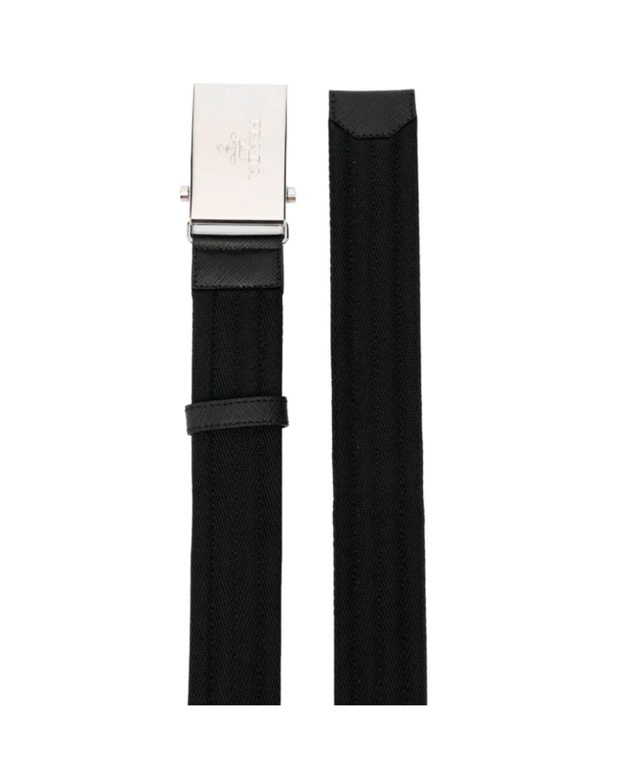 Prada Engraved-logo Woven Belt In Black