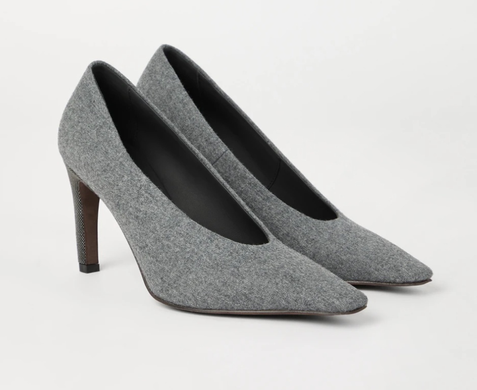 Brunello Cucinelli Water-resistant Virgin Wool Flannel Heels With Precious Details In Gray