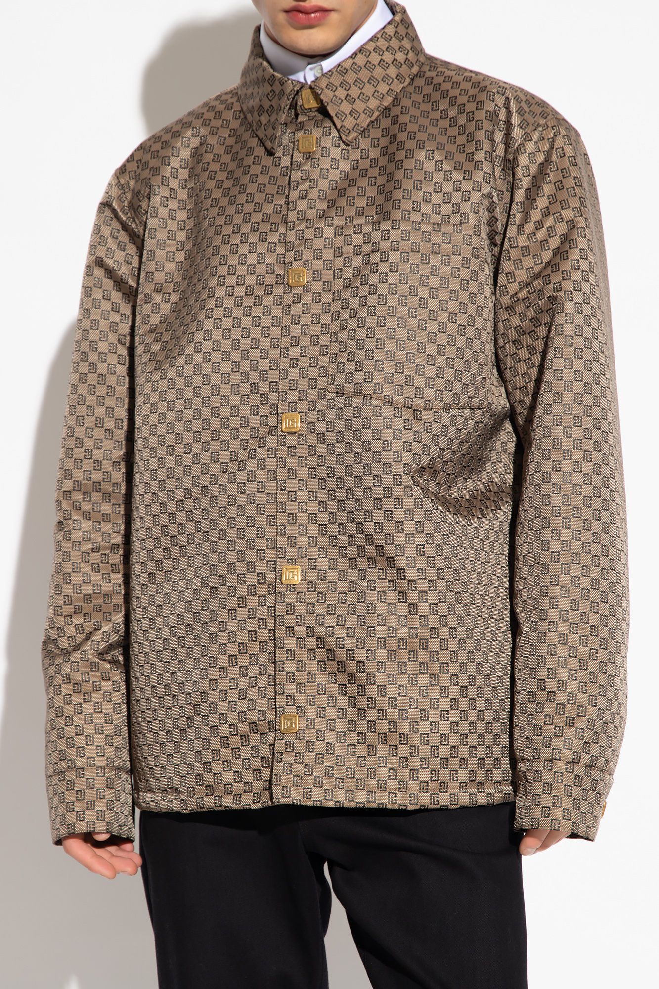 Shop Balmain Pb-monogram Shirt Jacket In Brown
