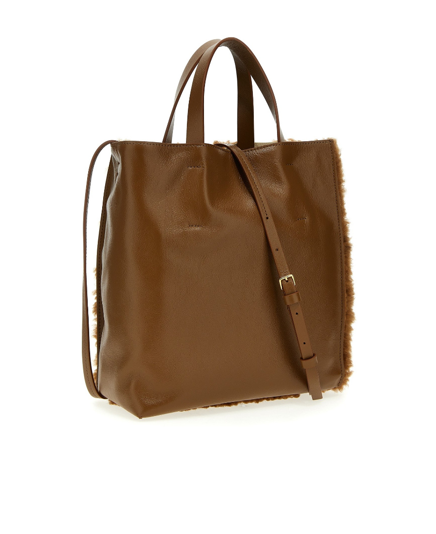 Marni Logo-patch Shearling Tote Bag In Brown