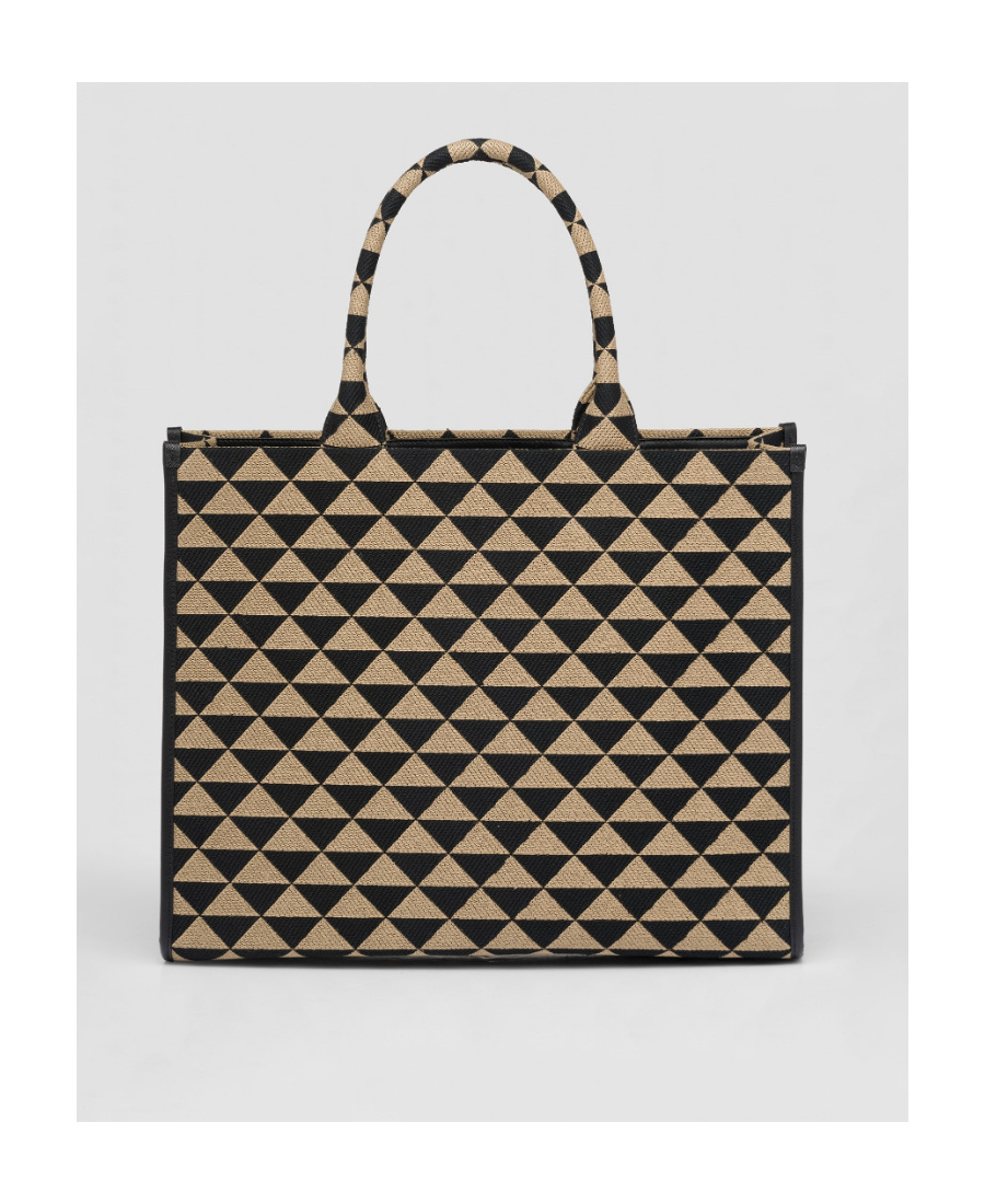 Shop Prada Large Symbole Jacquard Fabric Handbag In Black/beige