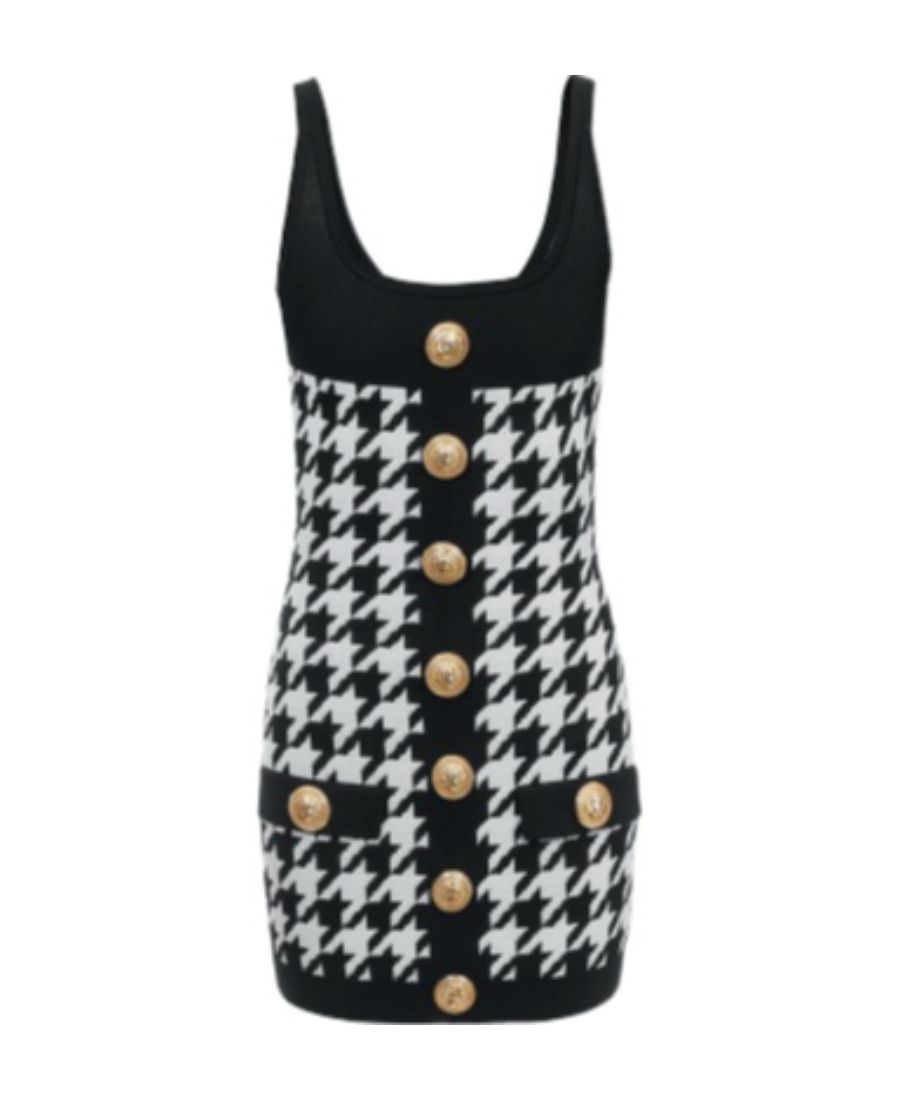 Balmain Hounstooth Knitted Minidress With Logoed Buttons In Black
