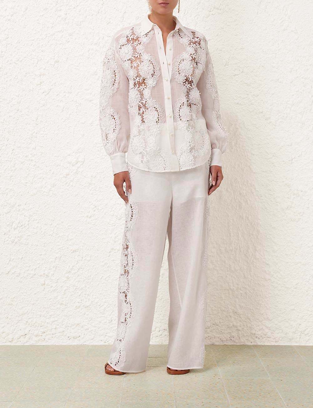 Shop Zimmermann Halliday Floral-lace Linen Shirt In White