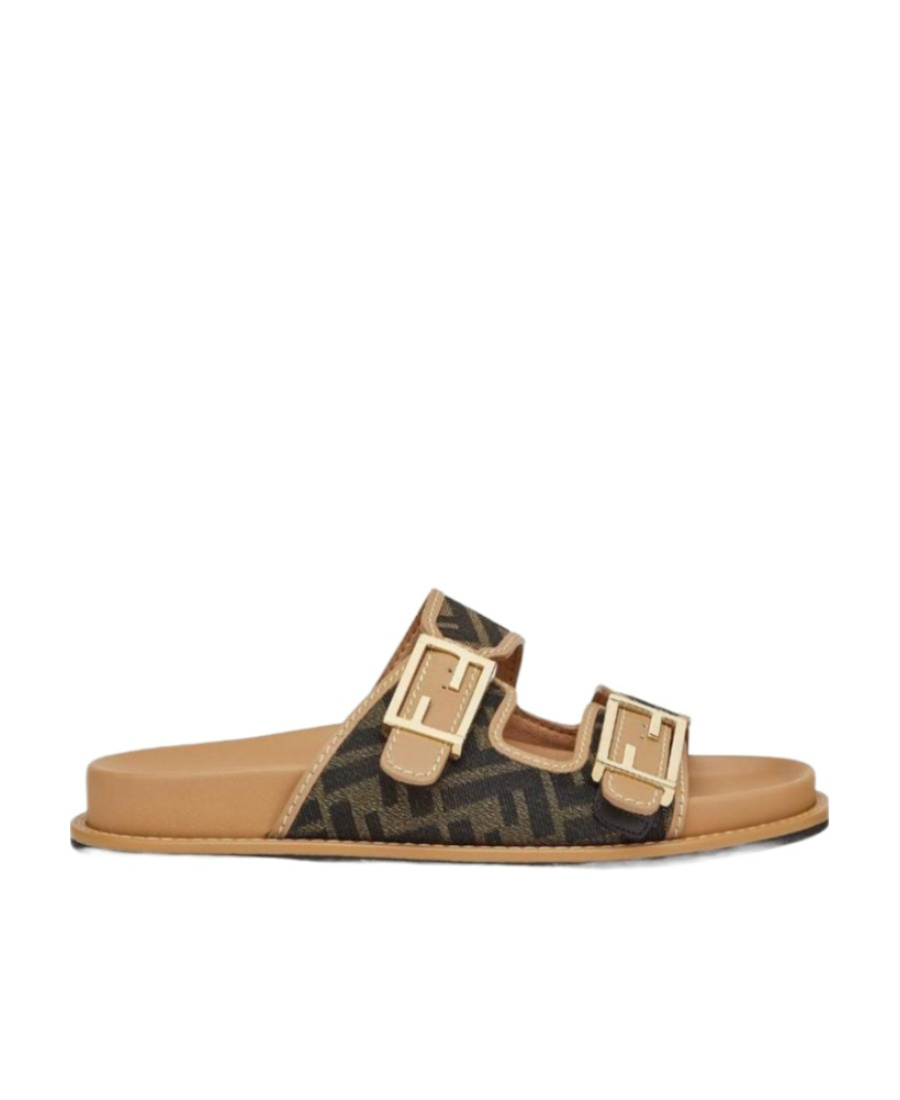 FENDI BROWN FF FABRIC SLIDES