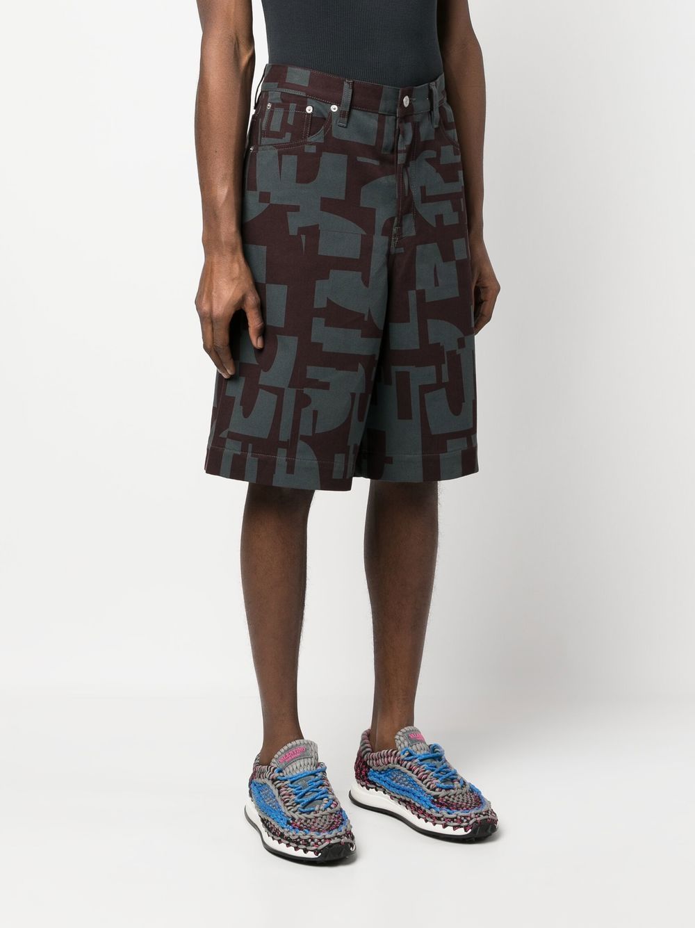 Dries Van Noten Gray & Purple Printed Denim Shorts In Black