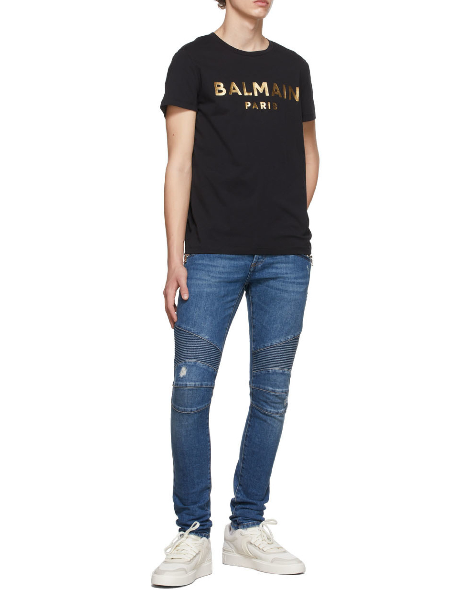 Shop Balmain Metallic Logo-print Cotton T-shirt In Black
