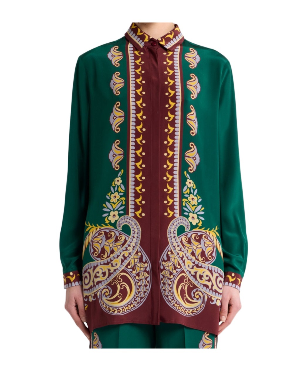 Etro Long Silk Shirt With Placed Print In Green