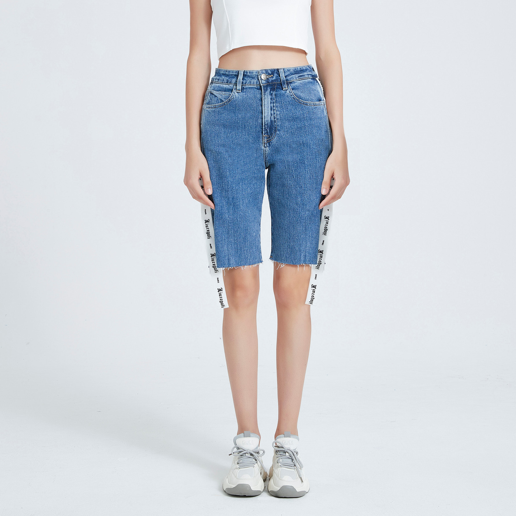 Liuregali Long Ribbon Denim Shorts On The Side In Blue