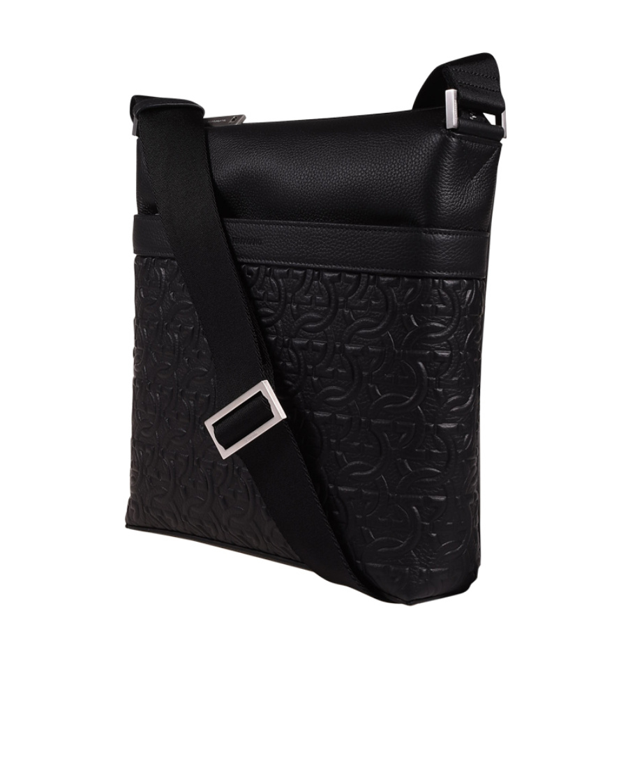 Ferragamo Gancini Pattern Leather Crossbody Bag In Black