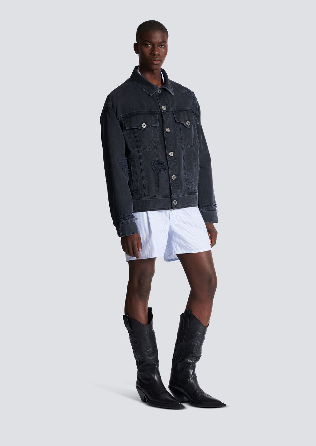 Balmain Worn-effect Denim Jacket In Black