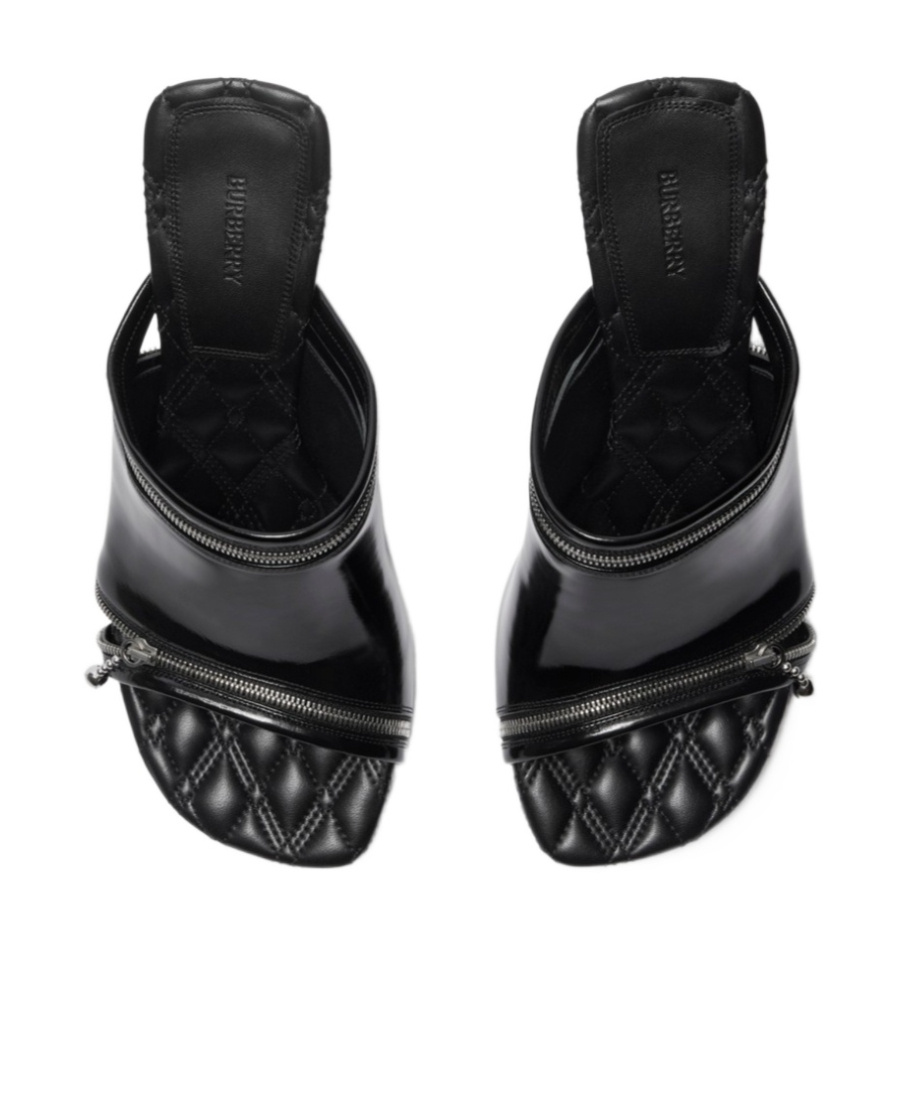 Burberry Glossy Leather Peep Mules In Black